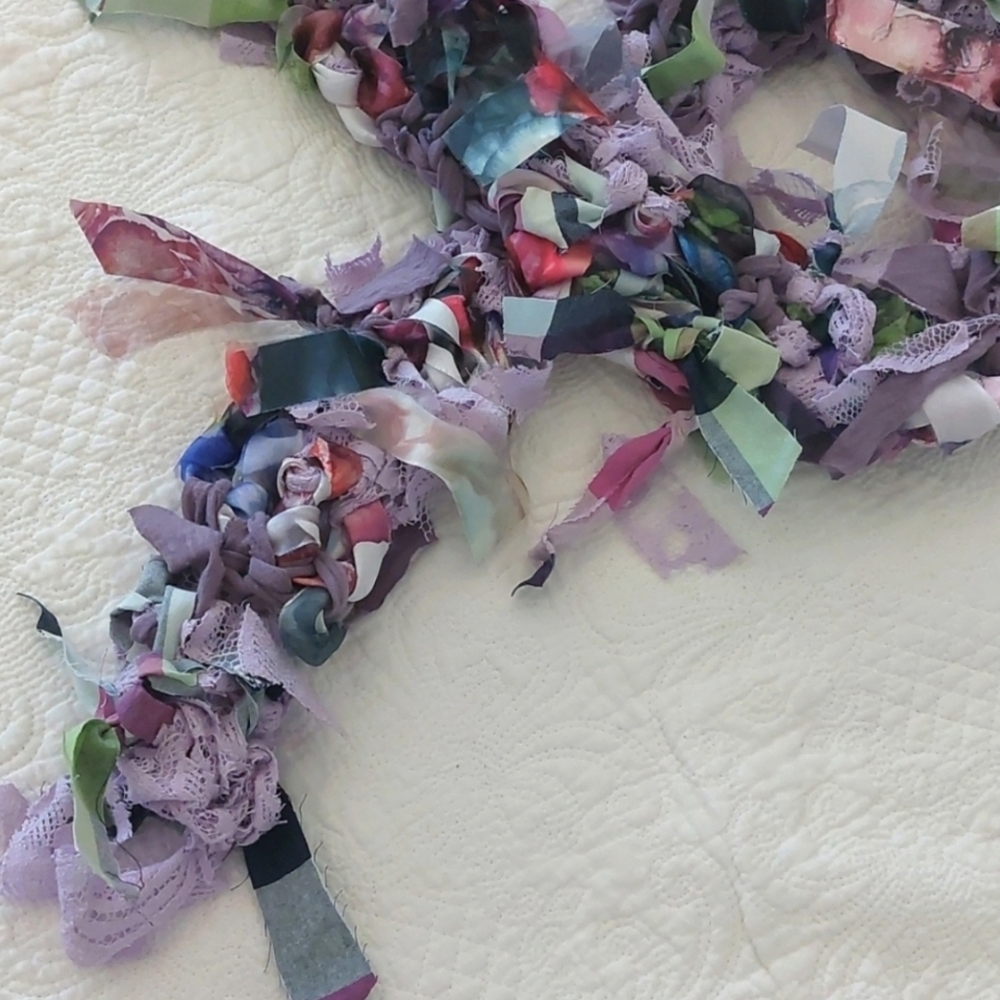 Art Scarf Upcycled Mixed Media Lace Satin Cotton Lavender Floral - Picture 5 of 8